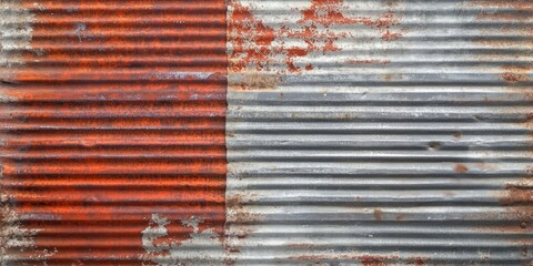 Textured grunge corrugated iron metal plate with silver and red rust accents background featuring horizontal lines and uneven surface details