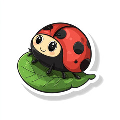 Obraz premium A cute, cartoon-style ladybug with a red shell and black spots sitting on a green leaf. The ladybug has a smiling face with rosy cheeks and antennae