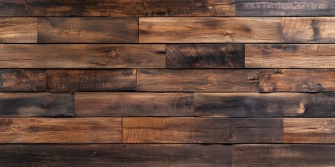 Naklejka premium Dark rustic wooden texture background with rich brown hues and ample horizontal space ideal for presentations and layouts showcasing text or images.