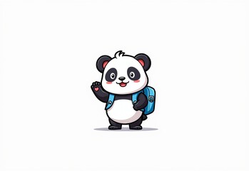 Naklejka premium Cute Panda Character Waving: Cartoon Style Panda with Blue Backpack, Smiling, Vibrant Colors, Clean White Background, High-Resolution Vector Art, 2D Game Art Style, Left White Space, No Shadow Detail,
