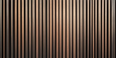 Seamless wooden lath wall texture with vertical slats in shades of brown and black, creating a modern paneling design for backgrounds.