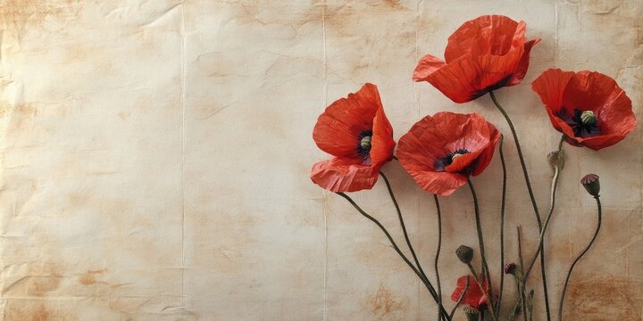 Textured vintage paper background with soft beige tones featuring vibrant red poppies positioned to the right with a subtle floral arrangement