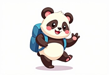 Fototapeta premium Cheerful Panda with Backpack: Cartoon Character Waving Hand, Smiling, Bright Colors, Simple White Background, High-Resolution 2D Game Art Style, Clean Design, No Text, White Space on Left, No Shadows