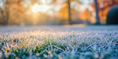 Close-up of vibrant green grass coated with delicate frost at dawn warm sunlight illuminating the scene with autumn foliage in the background