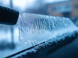 Icy wipers frozen to a car's windshield.