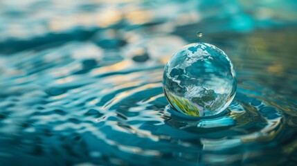 World Water Day concept with world in clean water drop on and fresh blue water ripples design, Environment save and ecology theme concept