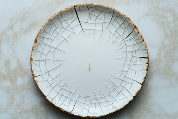 A minimalist candle sits in a cracked ceramic dish, showcasing a blend of artistry and simplicity with a neutral background.