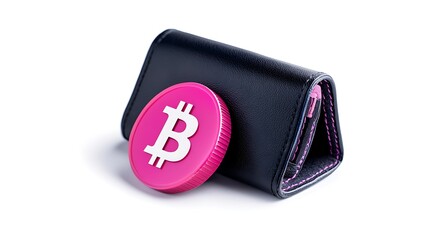 Pink Bitcoin Cryptocurrency Coin and Black Leather Wallet