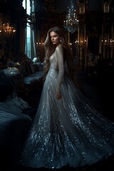 Dramatic portrait of a woman in a sparkling gown in a luxurious, dimly lit room