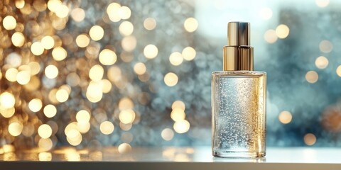 Elegant luxury cosmetic spray bottle on white shelf with shimmering gold and silver bokeh background softly blurred in the distance.