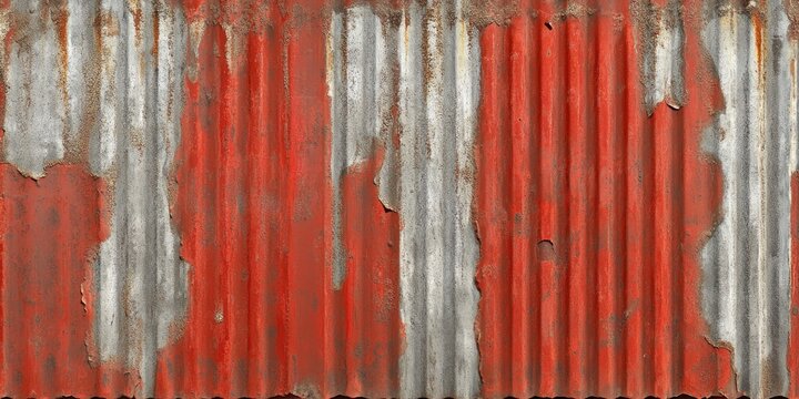 Grungy corrugated iron metal plate background with silver rust patches and bold red accents creating a textured, weathered appearance