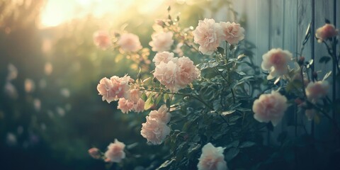 Vintage garden scene with soft golden light illuminating pink flowers against a softly blurred background creating a serene atmosphere.