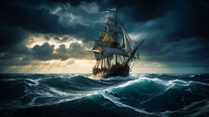 Obraz premium Atmospheric composition depicting a large sailing ship navigating through a turbulent sea