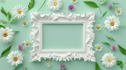 A blank white picture frame with wooden relief carvings centered encircled by violets and sunflowers