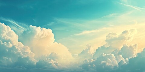 Vibrant blue sky with fluffy white clouds illuminated by soft golden sunlight creating a serene atmosphere ideal for copyspace applications.