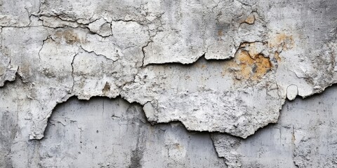 Obraz premium Weathered concrete wall with cracked textures and peeling layers in shades of gray and beige, positioned horizontally for a detailed background.