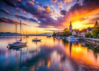 Fototapeta premium Long Exposure Photography of Friedrichshafen Harbor at Sunset, Bodensee Lake, Germany