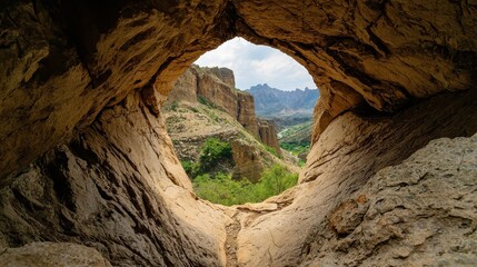 Scenic View Through Rock Formation in Majestic Mountain Landscape