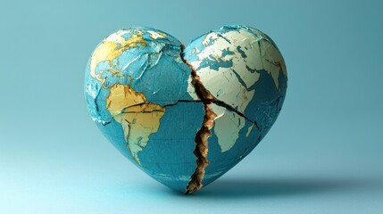 A heart-shaped globe cracked in half symbolizes the fragility of love and unity in the world.