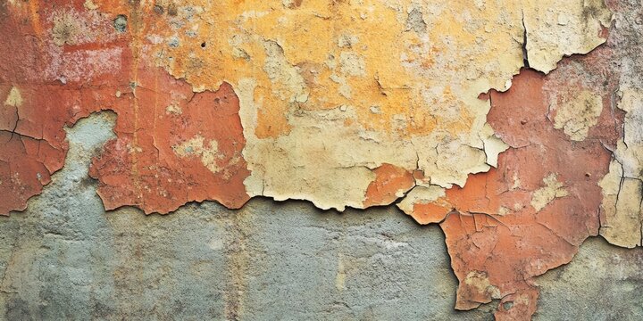 Textured close-up of a weathered wall with cracked layers of peeling orange and yellow paint against a muted green background creating a vintage atmosphere - Powered by Adobe
