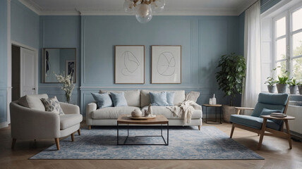 Soft Pastel Blue Scandinavian Living Room with Fluffy Couch Simple Sofa and Minimalist Interior Design Interior Design Inspiration