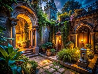 Long Exposure Photography: Serene Garden Tomb Interior, Mystical Light Trails