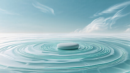 Fototapeta premium White stone creating concentric ripples in a calm turquoise lake under a cloudy sky