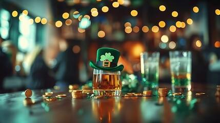 St Patricks Day Beer with Leprechaun Hat and Gold Coins
