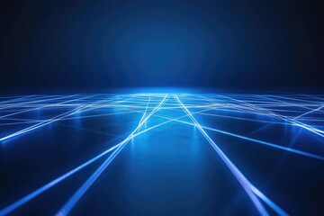 A minimalist technology design with intersecting neon blue glowing lines on a smooth, dark blue gradient.