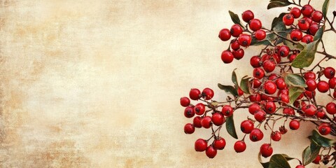 Textured vintage paper background with a cluster of vibrant red Pyracantha berries and green leaves positioned in the bottom right corner