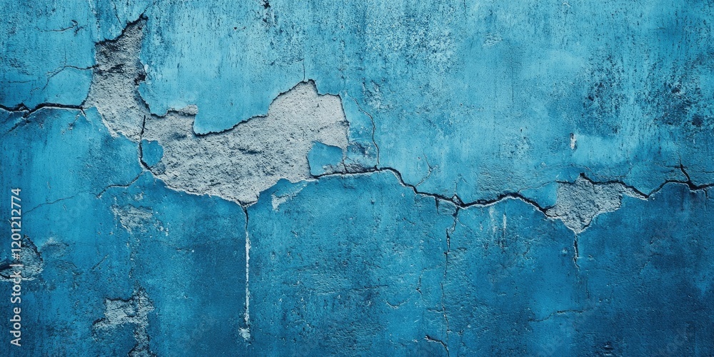 Sticker Textured blue cement wall with visible cracks and imperfections, featuring deep blue background and light gray patches, horizontal orientation.