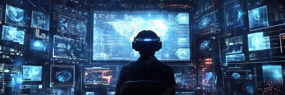 Poster virtual reality experience with futuristic data visualization and global mapping