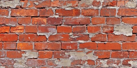 Obraz premium Textured aged red brick wall with visible cracks and mortar under bright sunlight showcasing rich red and gray tones evenly distributed.