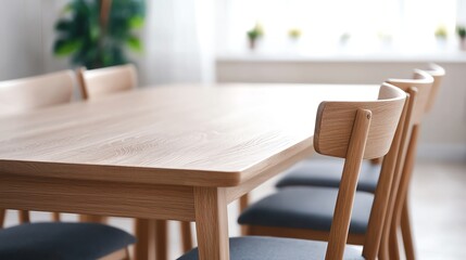 Fototapeta premium A minimalistic wooden dining table with comfortable chairs, perfect for gatherings or family meals in a bright, airy space.
