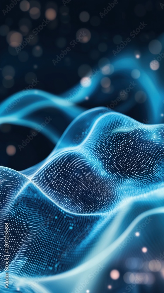 Poster abstract digital waves with glowing blue particles creating a mesmerizing visual effect, representin