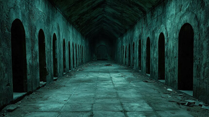 Obraz premium Dark Derelict Dungeon Hall with Rows of Arched Doorways and Eerie Atmosphere