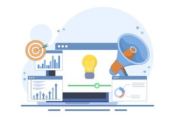 Business Idea Graphic Information Concept. Business Idea Concept Design. Checking information with magnifying glass. Flat design illustration on background.