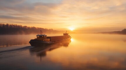 Fototapeta premium Barge navigates misty golden river at sunrise.