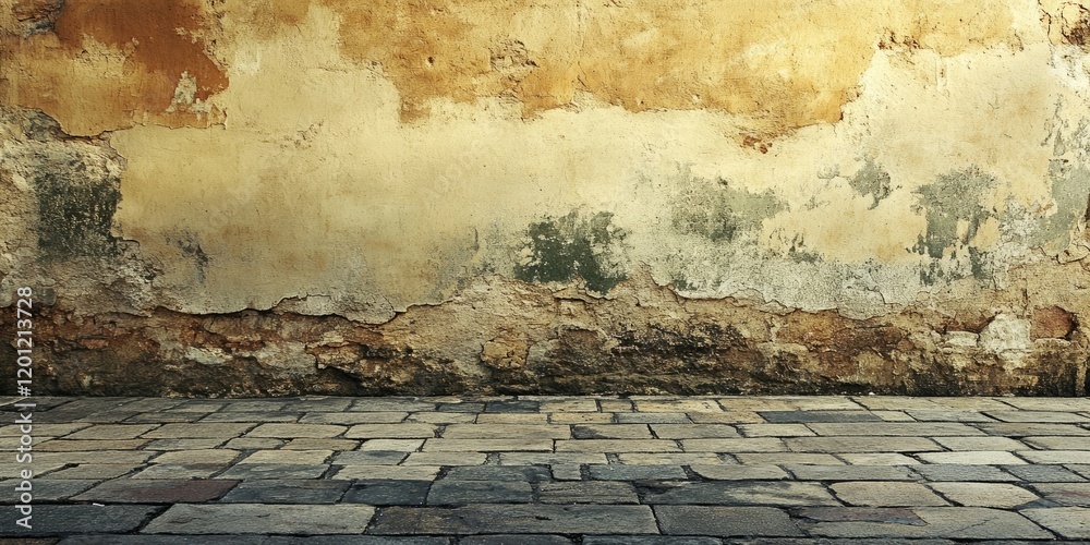 Canvas Prints Aged textured wall with yellow and brown tones featuring cracked plaster against a cobblestone floor, conveying rustic ambiance and history.