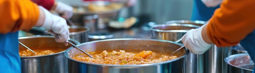 A vibrant scene of hands stirring large pots of food, showcasing the communal effort in cooking and serving meals, likely in a festive or charitable environment.
