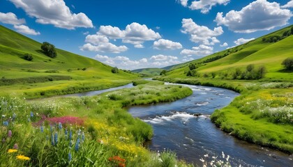 Obraz premium A picturesque panorama of a winding river flowing through a lush green valley, with vibrant wildflowers and a breathtaking blue sky dotted with fluffy clouds.