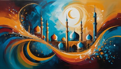 Obraz premium A vibrant abstract painting depicting a mosque at night