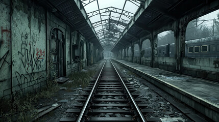 Fototapeta premium Abandoned Train Station with Overgrown Platforms and Empty Tracks in a Foggy Atmosphere