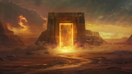 a high-definition image of a grand stone door in the middle of a vast empty desert