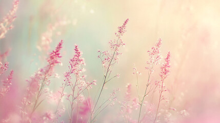 Soft pink flowers blooming in a serene meadow during golden hour