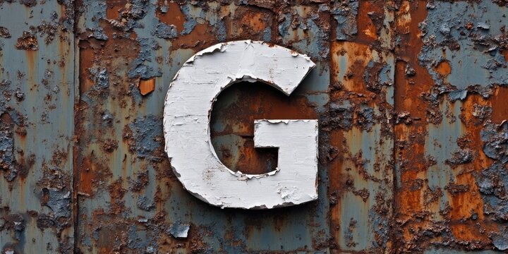 White letter G on weathered rusted steel backdrop with blue-green peeling paint, showcasing rustic texture and industrial aesthetics.