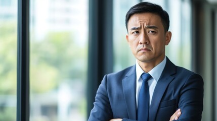 Sad Asian man in corporate attire contemplating life decisions while standing near large office windows with natural light in the background