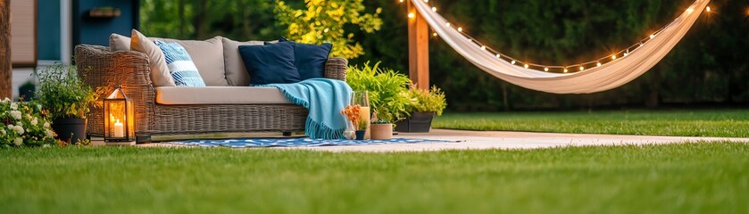Fototapeta premium A cozy outdoor space featuring a comfortable sofa, vibrant plants, and soft lighting, perfect for relaxation and leisure.