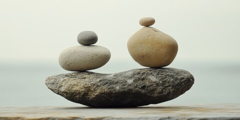 Balanced stones of varying colors, gray and beige, positioned to the left and right on a large stone, against a soft blurred ocean background.