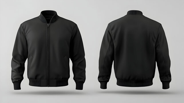 Minimalistic black bomber jacket isolated on white background, front and back views for branding or apparel design. Generative AI